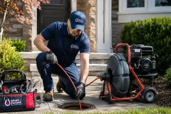 Plumber clearing a blocked residential drain