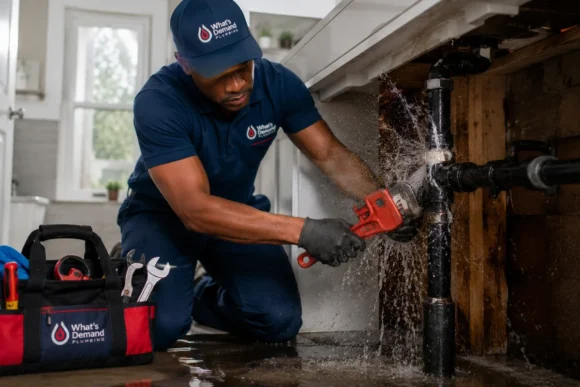 Emergency plumber inspecting a residential water leak