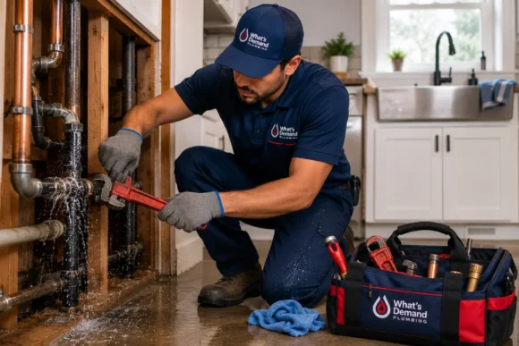 Plumber repairing a damaged household pipe
