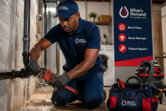 Plumber repairing pipes beneath a kitchen sink