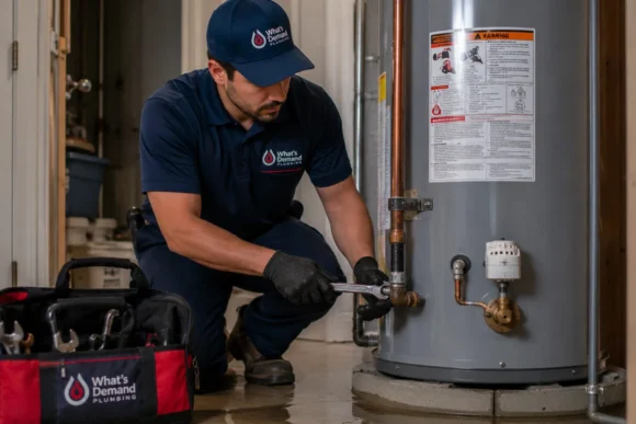 Plumber servicing a residential water heater