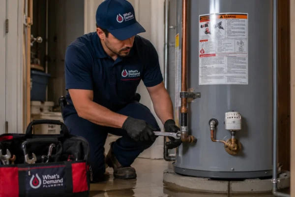 Plumber servicing a residential water heater