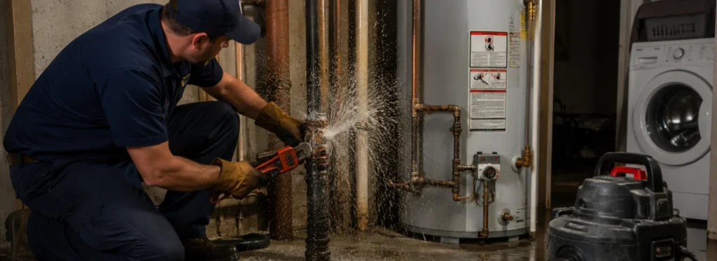 Burst pipe flooding a utility room beside a water heater