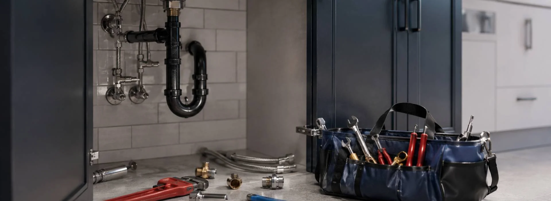 Professional plumber's tool bag with plumbing tools ready for residential service