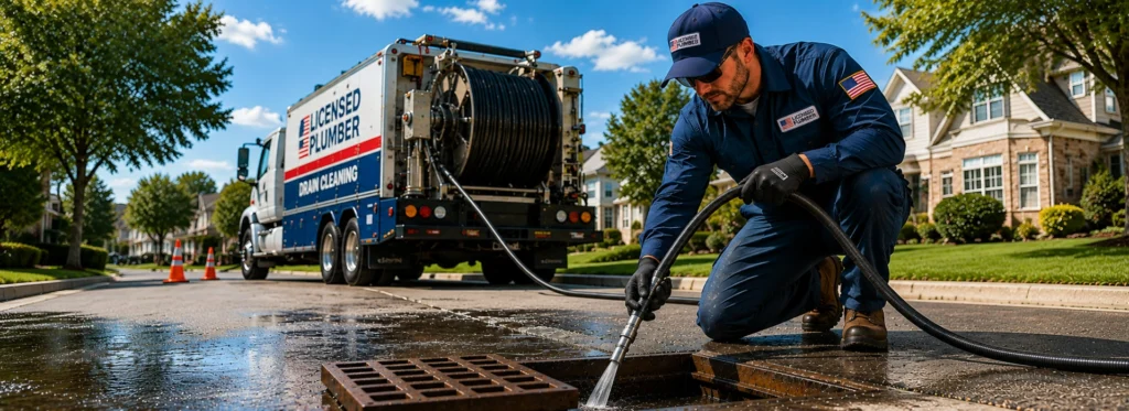 Licensed plumber cleaning a residential drain with professional drain cleaning equipment