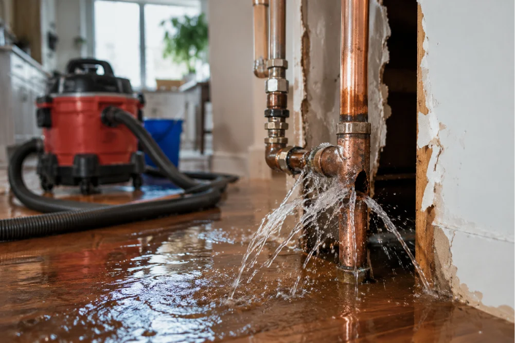 Burst water pipe causing indoor flooding during an emergency plumbing repair