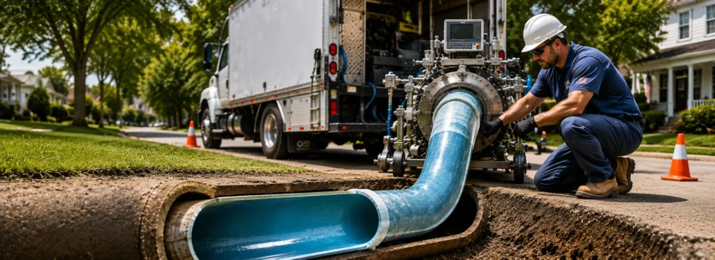 Licensed technician performing epoxy pipe lining on an underground sewer pipe