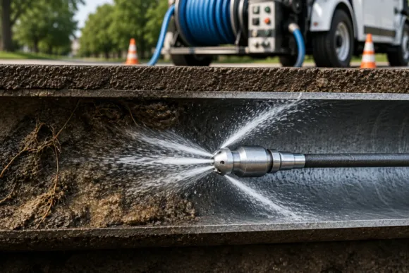 Hydro jetting nozzle cleaning a residential sewer pipe with high-pressure water