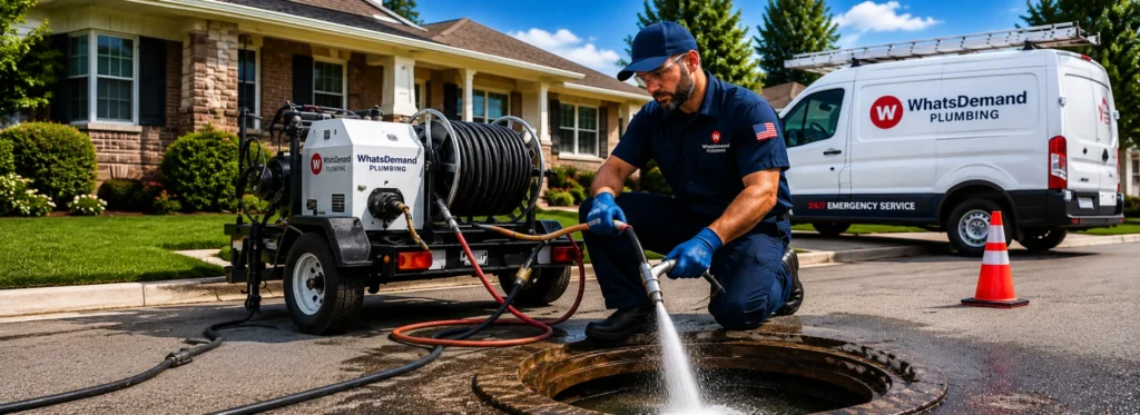 Licensed plumber using hydro jetting equipment to clean a residential sewer line