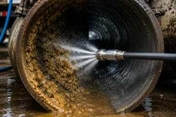 Hydro jetting removing grease and sludge buildup from a residential sewer pipe