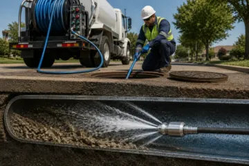 Hydro jetting service cleaning a residential sewer line with high-pressure water