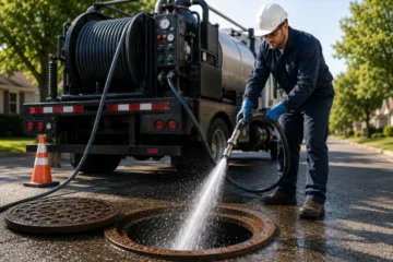 Hydro jetting removing tree roots from a residential sewer line with high-pressure water
