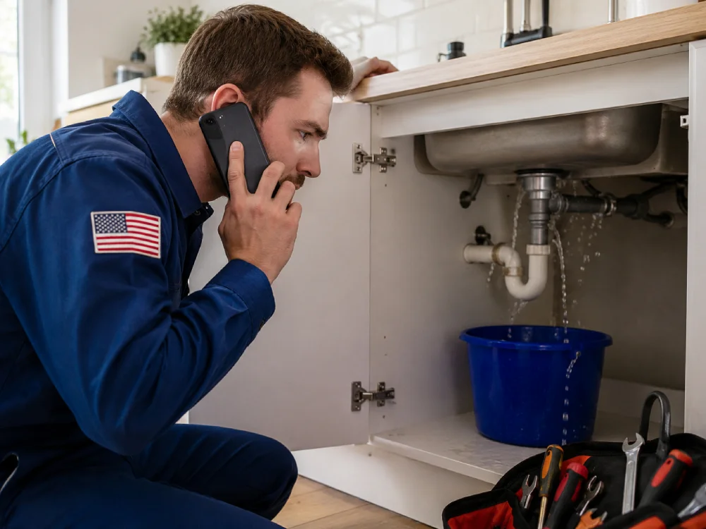 Emergency plumber inspecting a sink leak