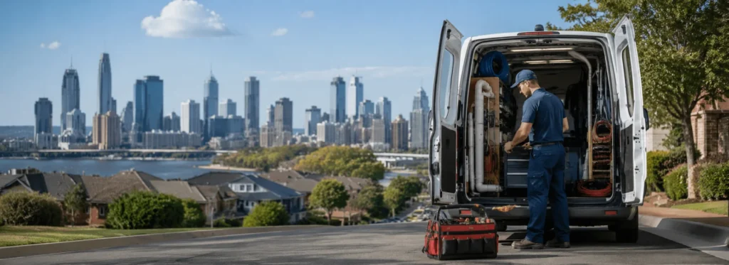 Licensed plumber preparing a service van for local plumbing services