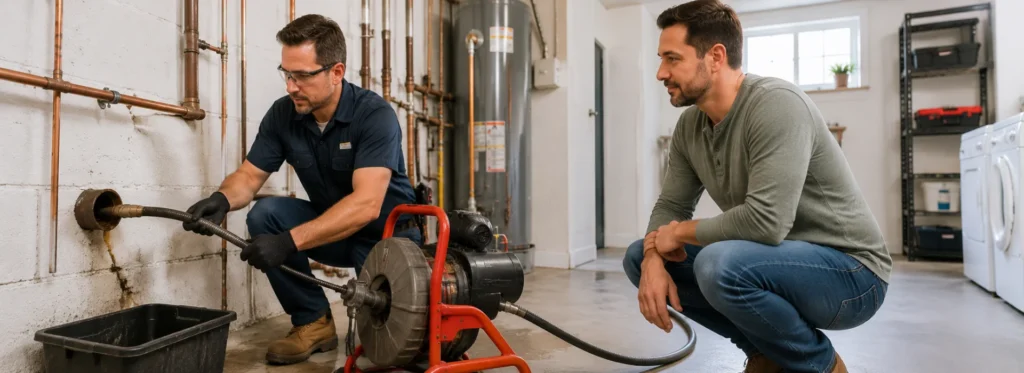 Licensed plumber performing pipe descaling with a drain cleaning machine while a homeowner watches