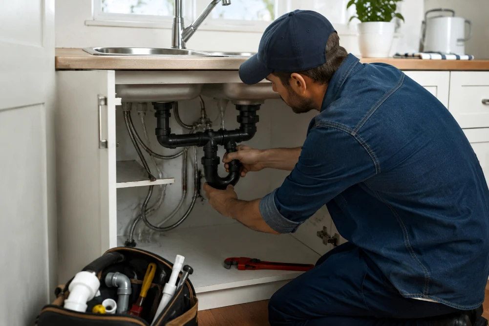 Licensed plumber repairing drain pipes beneath a kitchen sink