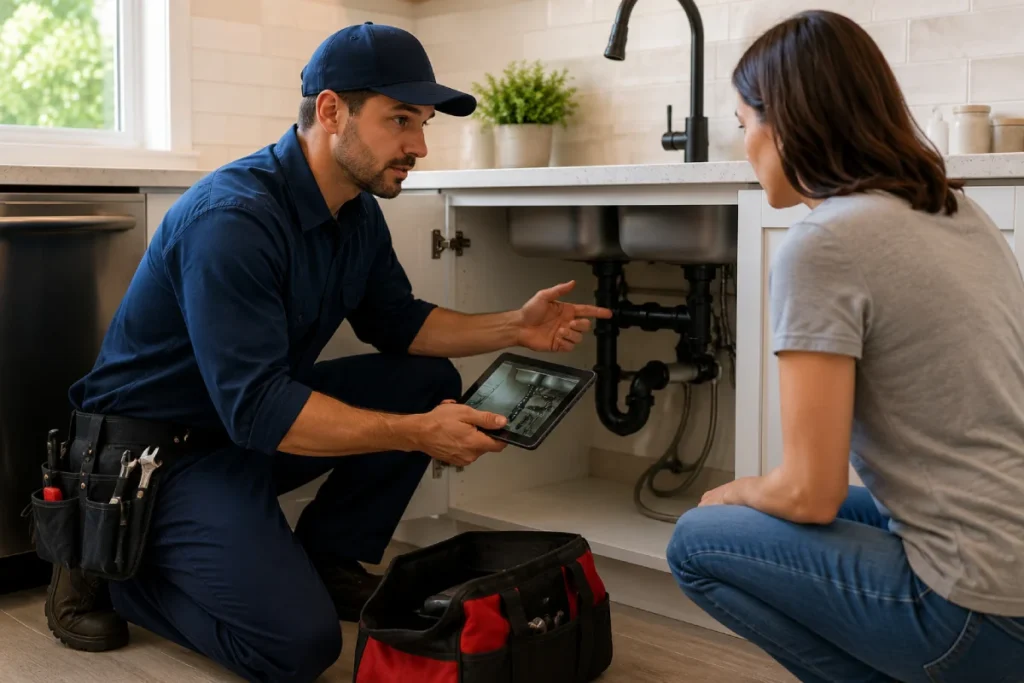 Licensed plumber inspecting kitchen sink plumbing