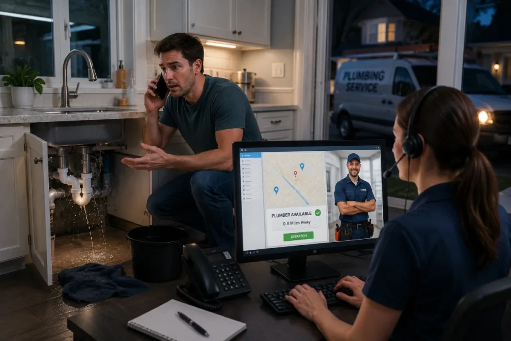 Homeowner calling emergency plumber