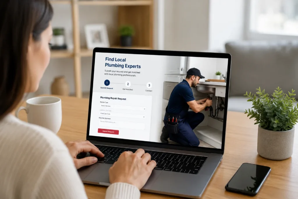 Homeowner submitting a plumbing repair request online
