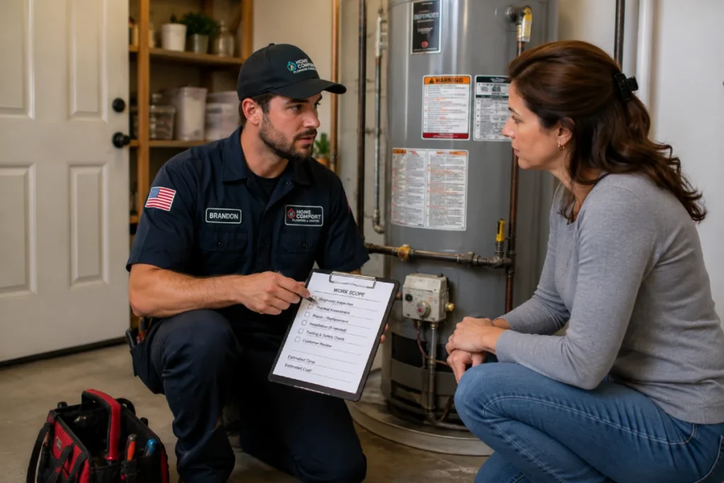 Technician explaining water heater repair to homeowner