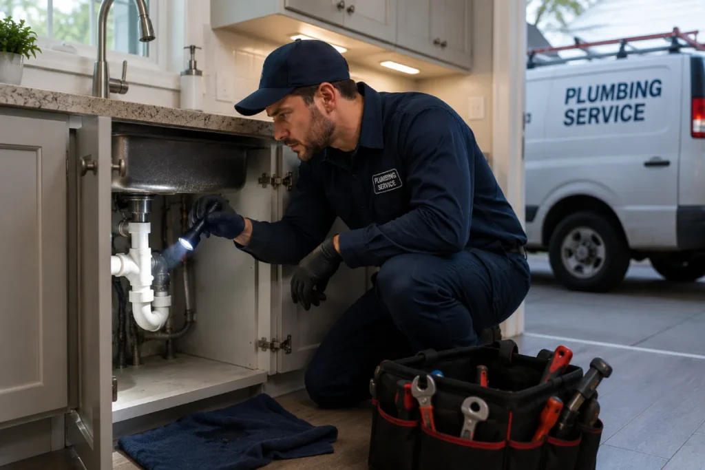 Professional plumber repairing sink pipes