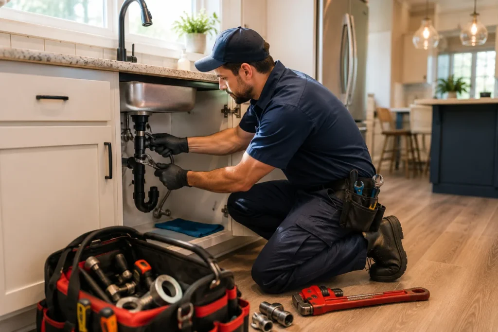 Licensed plumber repairing a kitchen sink