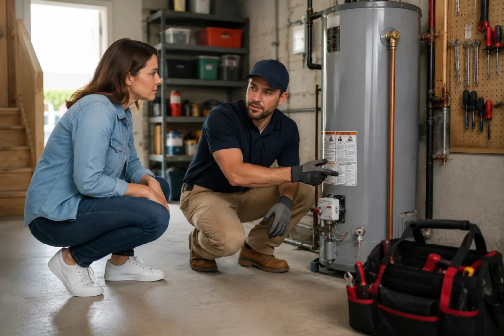 Water heater technician assisting homeowner