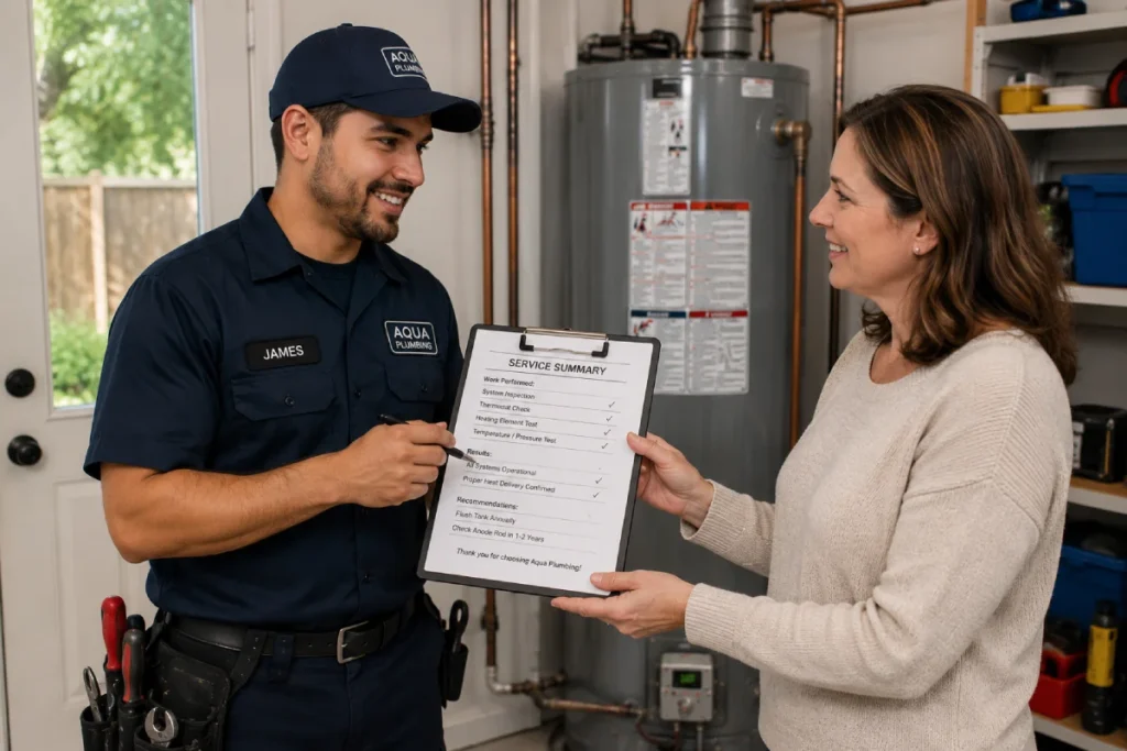 Technician reviewing completed water heater service