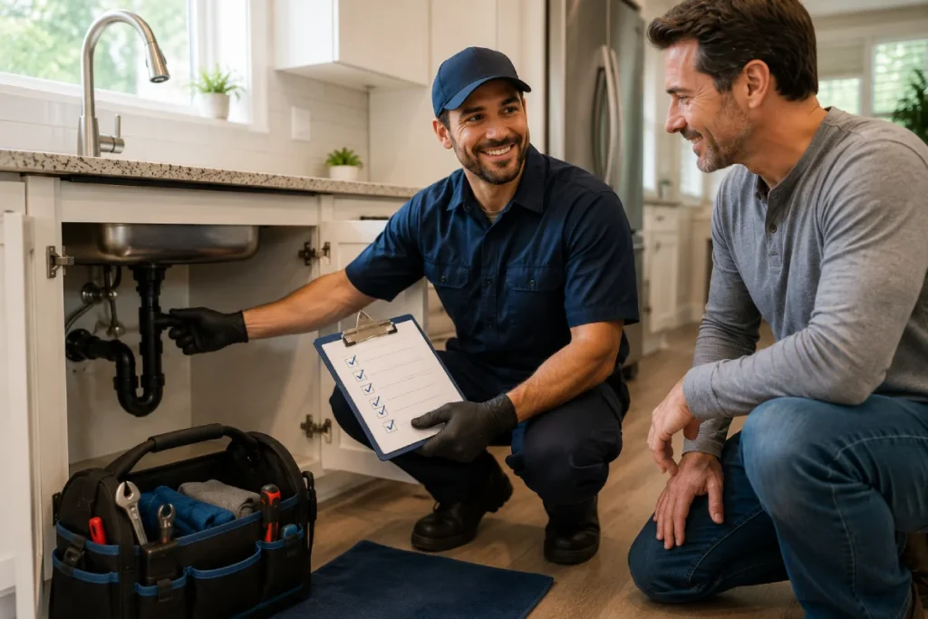 Plumber reviewing completed plumbing work with homeowner