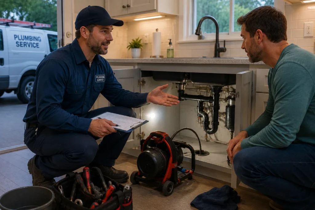 Plumber reviewing completed repair