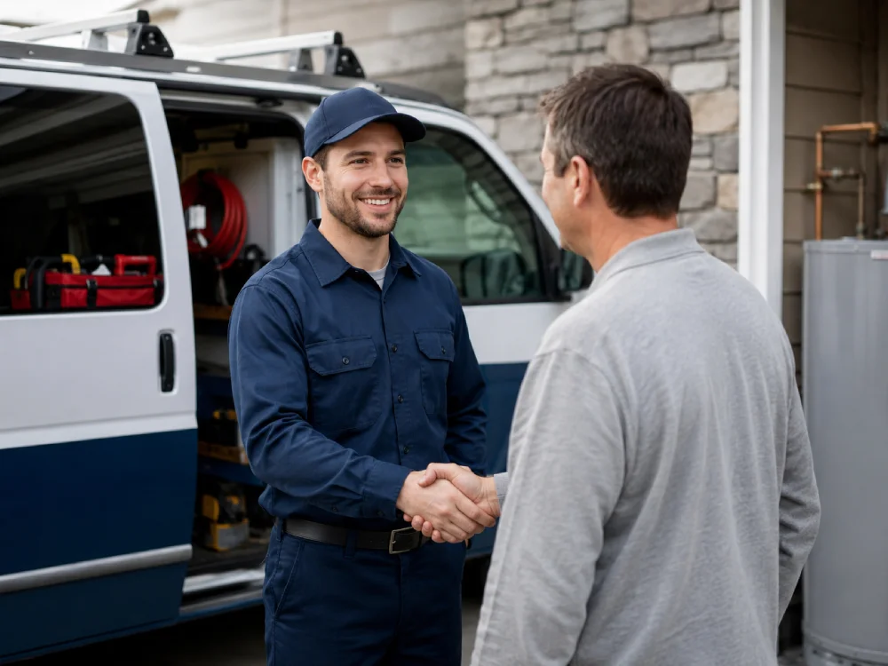 Professional plumber meeting homeowner