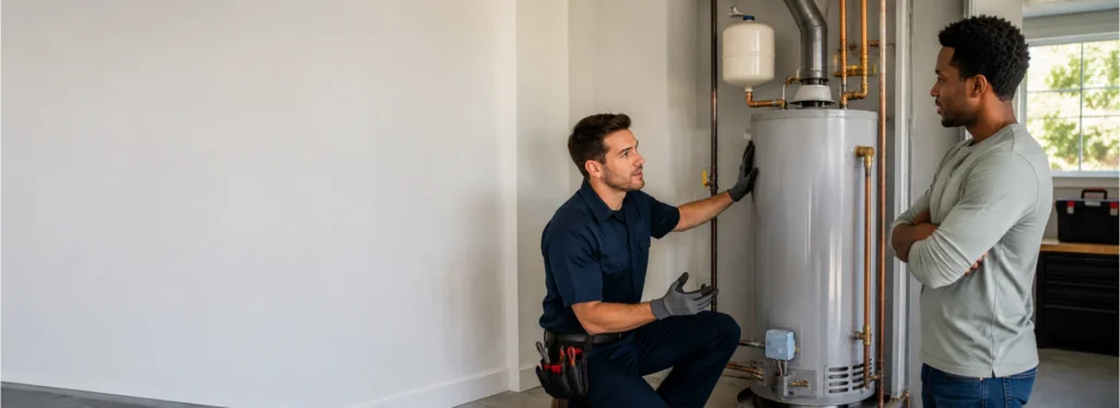 Licensed plumber installing a residential water heater for a homeowner