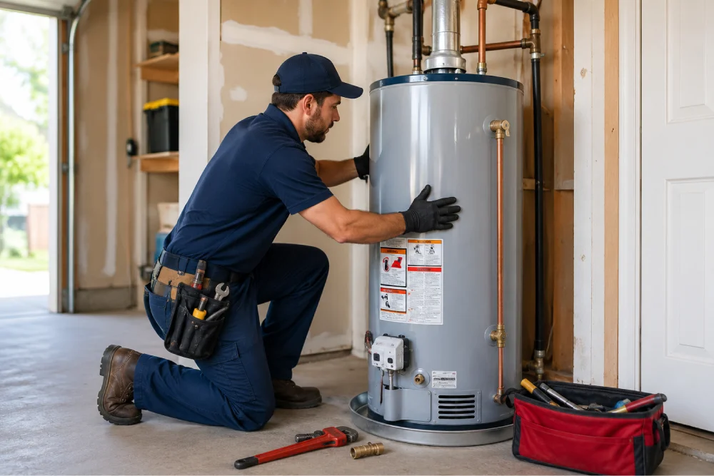 Professional plumber installing a residential water heater