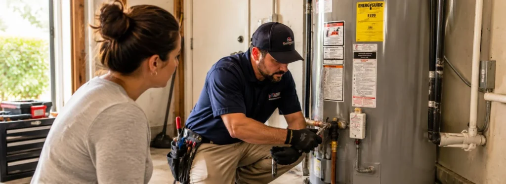 Expert plumber performing water heater maintenance and repair