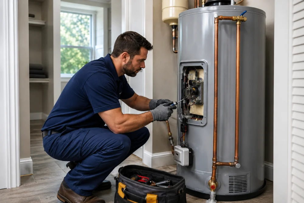 Water heater technician repairing a home hot water tank