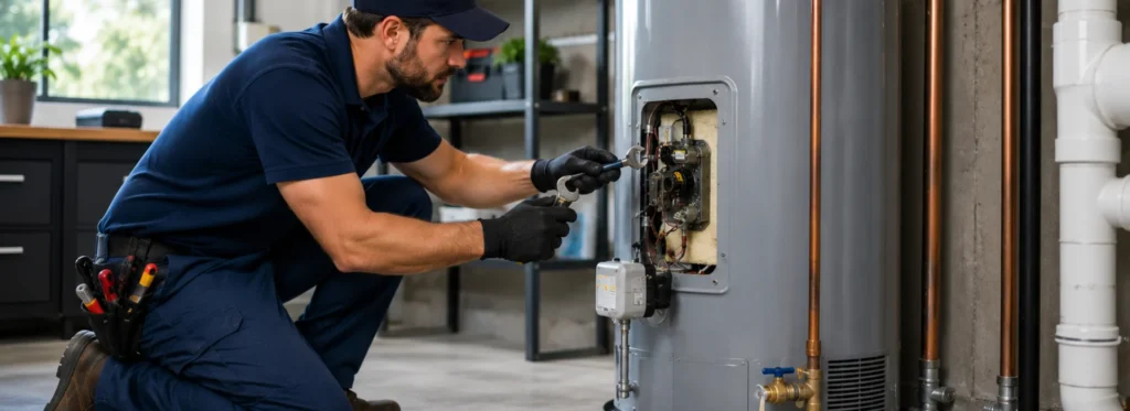 Licensed plumber repairing a residential water heater