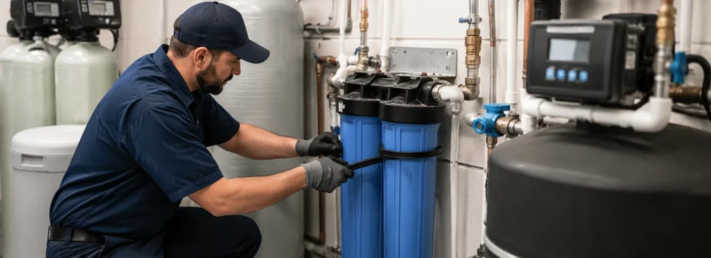 Licensed plumber installing a whole-house water filtration and water treatment system