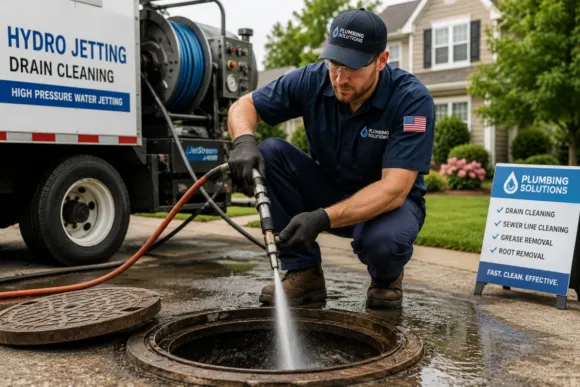 Hydro jetting service using high-pressure water to clear residential sewer and drain lines