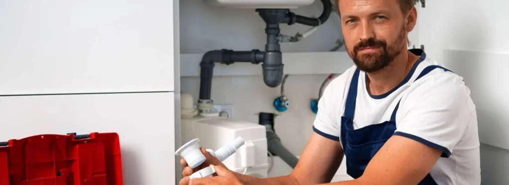 Professional plumber repairing under-sink plumbing with tools in a modern kitchen
