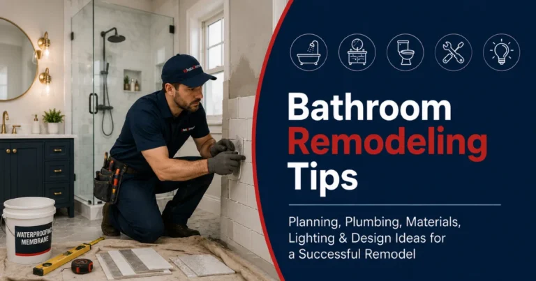 Professional plumber installing tiles during bathroom remodeling with tips on planning, plumbing, and design