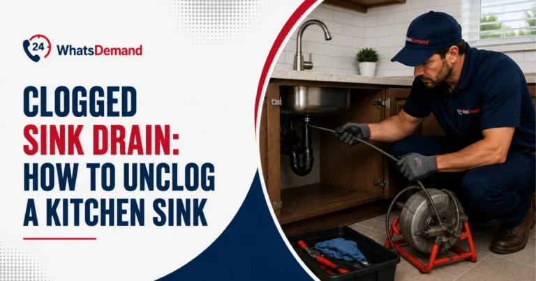 Plumber unclogging a clogged kitchen sink drain with a drain snake
