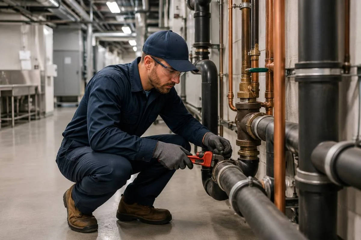 Commercial plumber repairing pipes in a Las Vegas business facility