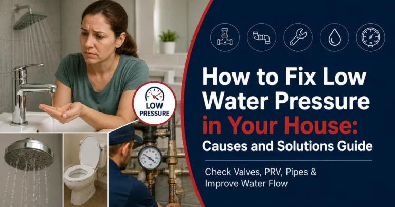 Plumber fixing low water pressure using pressure gauge and valve inspection