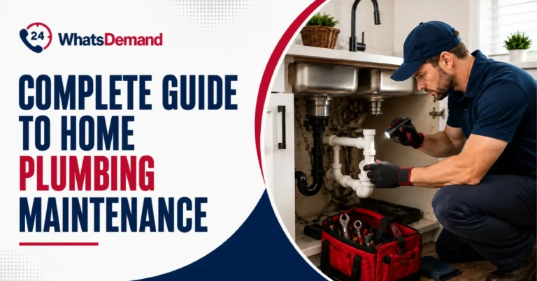 Home plumbing maintenance with a professional plumber repairing under-sink pipes