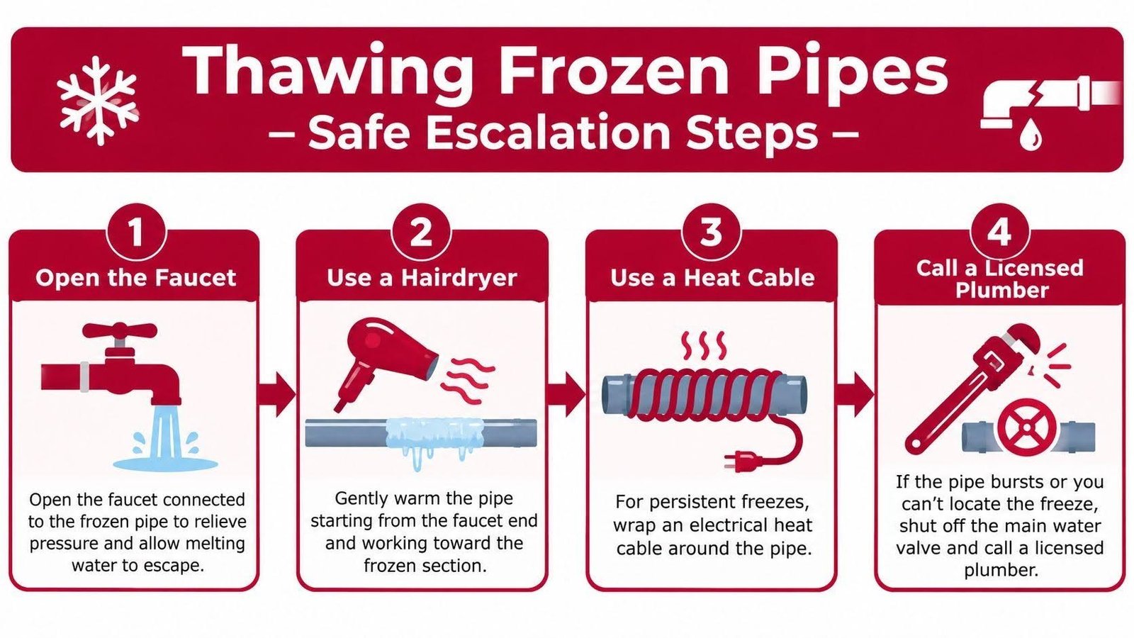 Steps to safely thaw frozen pipes