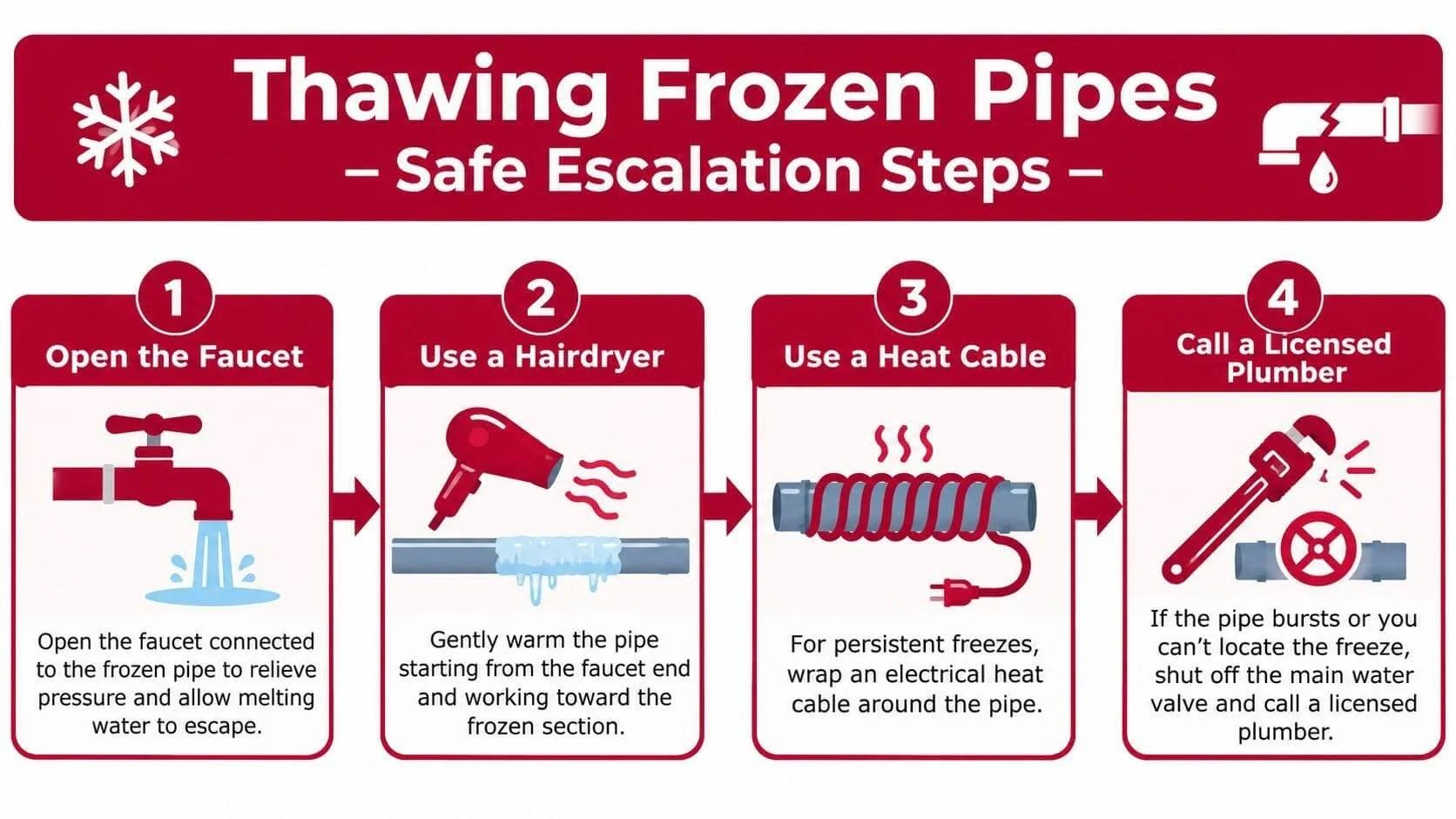 Steps to safely thaw frozen pipes