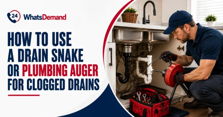 Professional plumber using a drain snake to clear a clogged kitchen drain