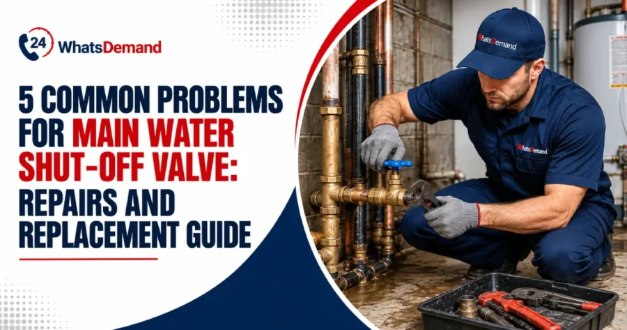 Plumber repairing a main water shut-off valve during plumbing maintenance
