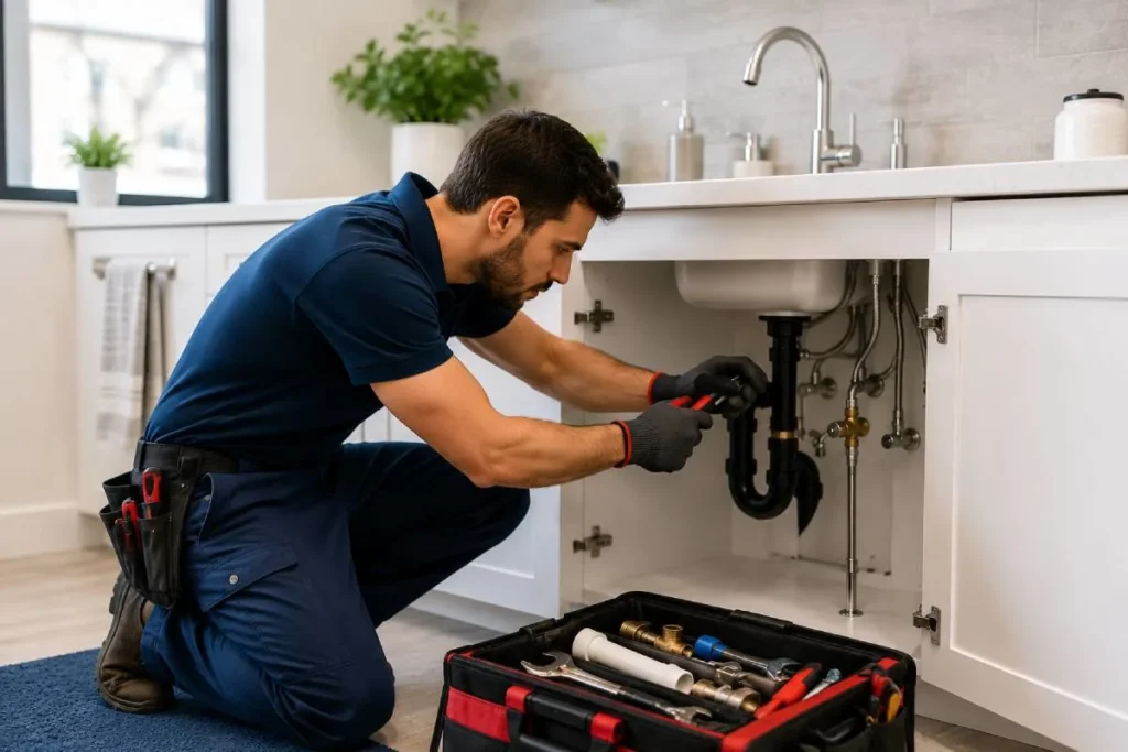 Plumber repairing kitchen sink pipes in a Las Vegas home