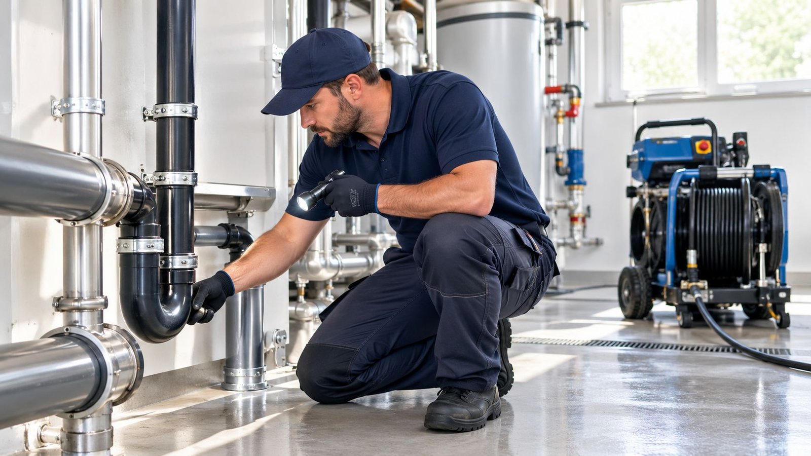 A professional technician in uniform inspects commercial plumbing pipework using a flashlight in a mechanical room.